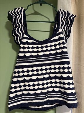 Navy and White Striped Knit Ruffle Sleeve Top